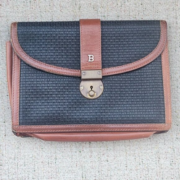 Vintage Bally Clutch Purse Brown/Black Leather Wristlet Rare Hand Bag Made Italy - Picture 1 of 13